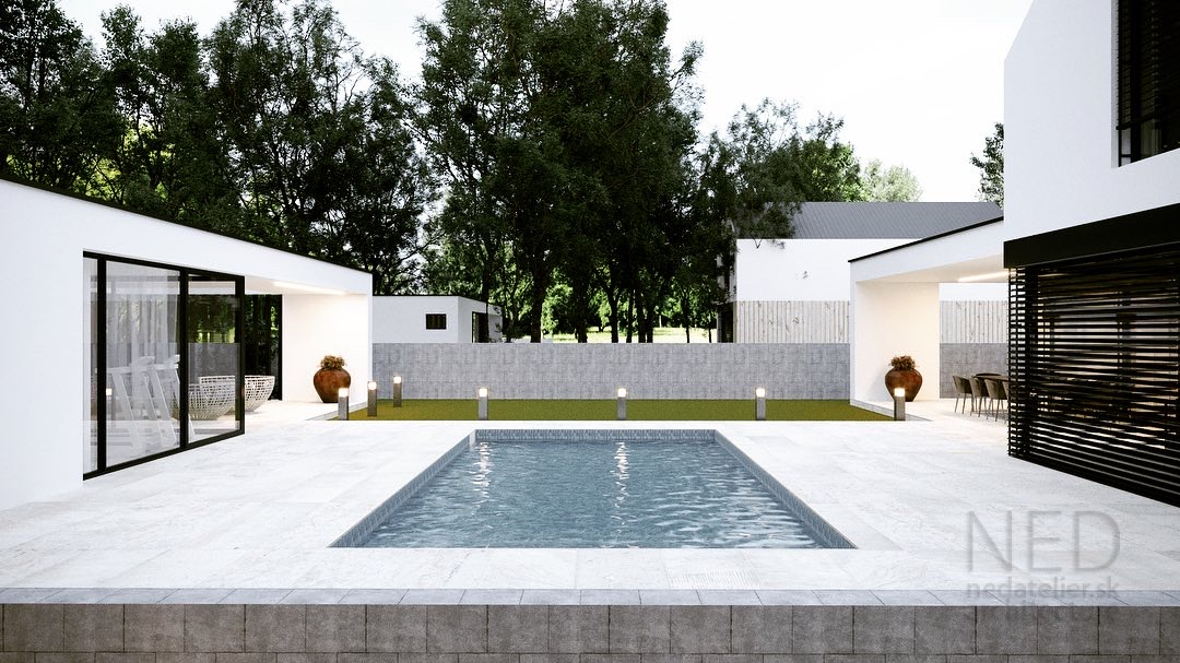 moderná terasa s bazénom