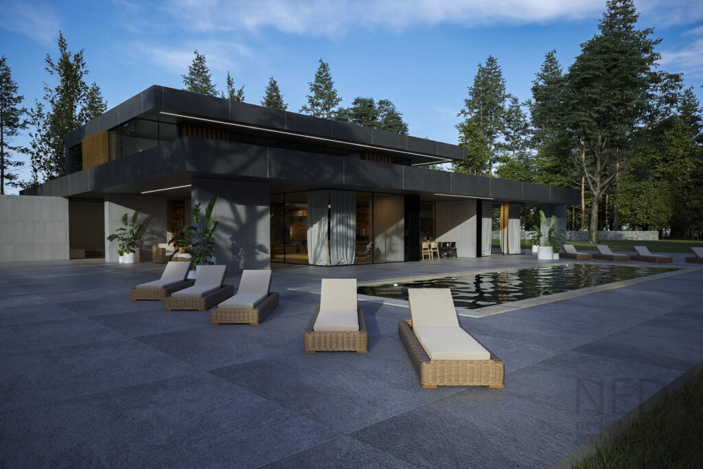bazén pred terasou domu architektúra ako odraz v bazéne