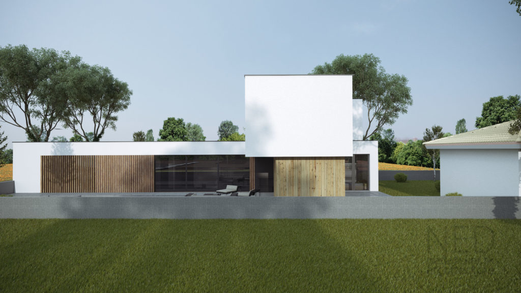biela omietka a drevený obklad moderný dom projekt