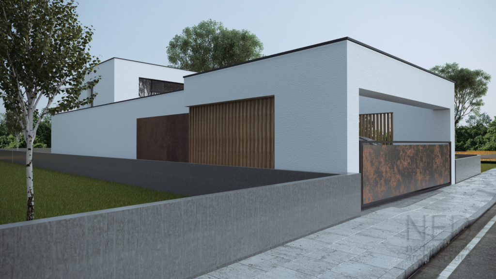 drevené lamely na fasáde projekt domu na úzky pozemok s prístreškom pre autá