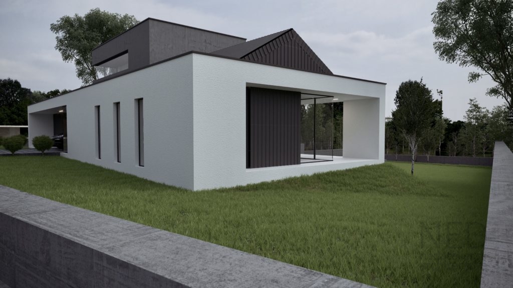 kombinácia striech projekt domu so šikmou aj plochou strechou