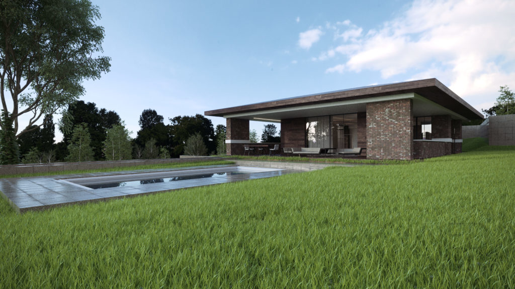 moderná terasa s bazénom moderný bungalov projekt