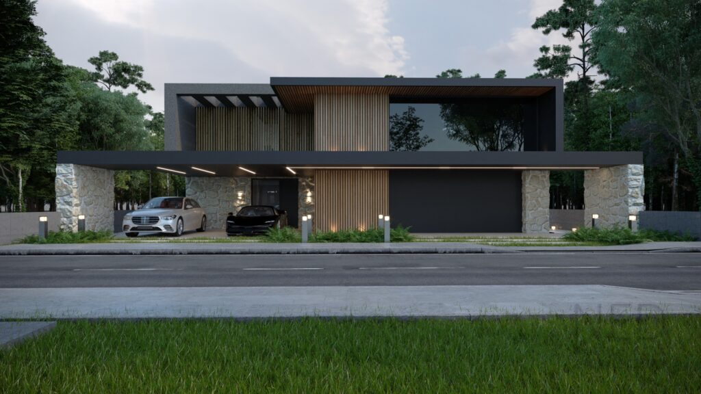 pohľad z ulice na modernu architektúru projekt átriového rodinného domu