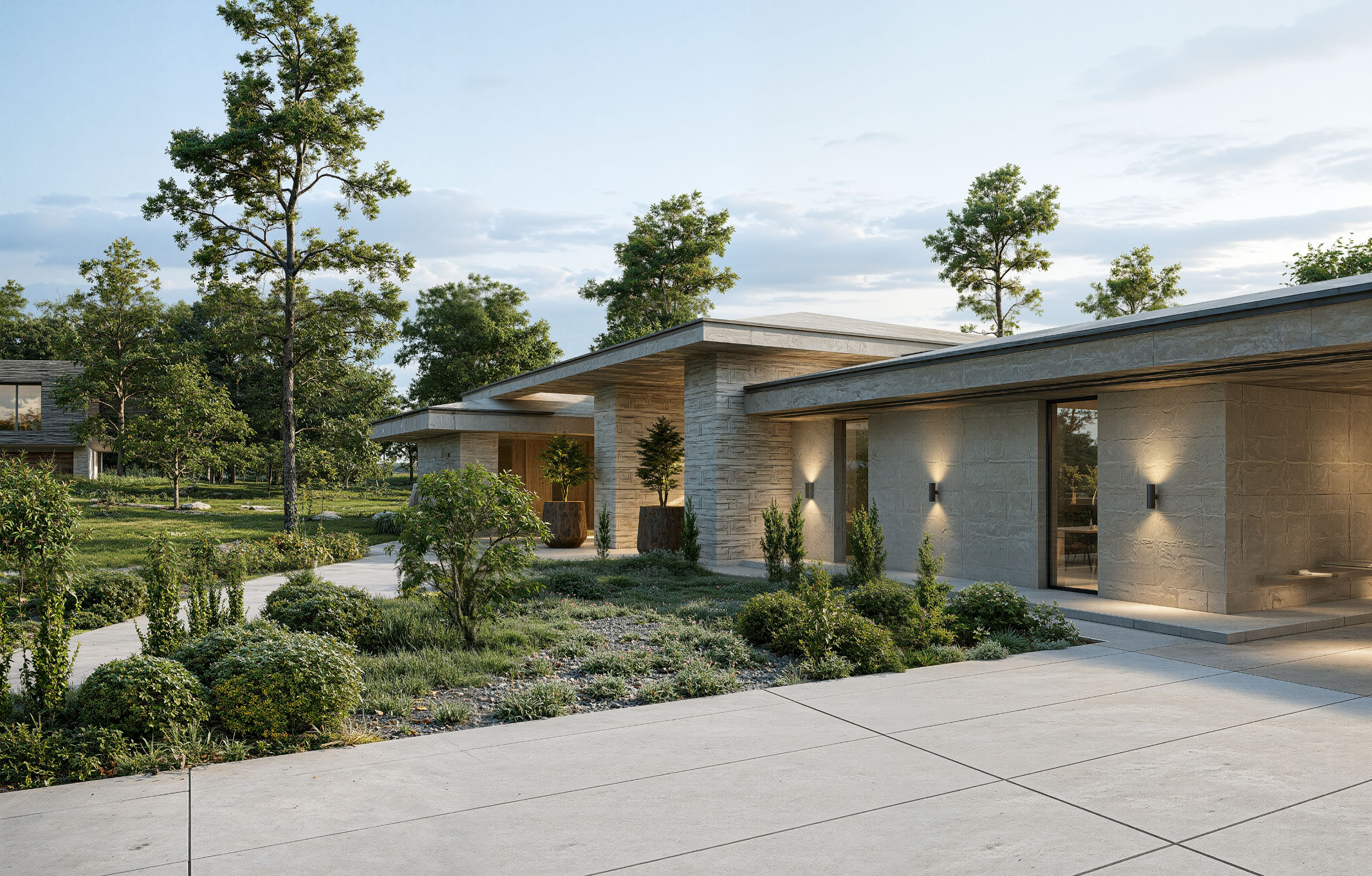 Horizontálna architektúra moderného bungalovu Bočný pohľad na prízemný bungalov s nízkymi hmotami, plochými strechami, kamennými stenami a upravenou záhradou.