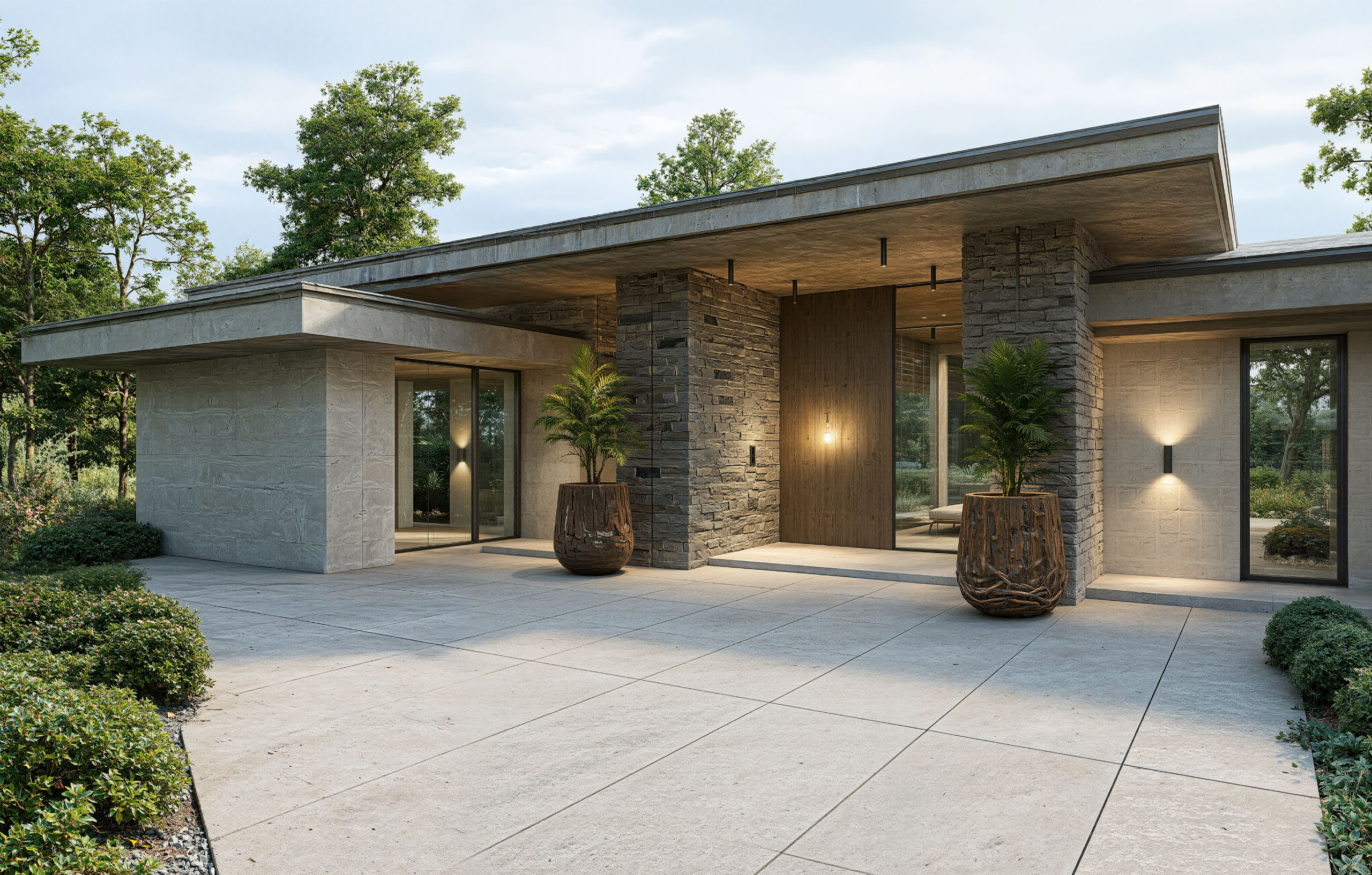 Pôdorys moderného bungalovu Pôdorys prízemného bungalovu s obývacou izbou, kuchyňou, spálňou, dvoma detskými izbami, pracovňou a prístreškom pre autá.